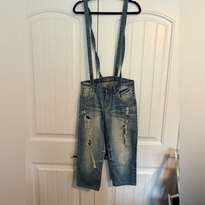 Nana Jeans Distressed Cropped Suspender Jeans - size small